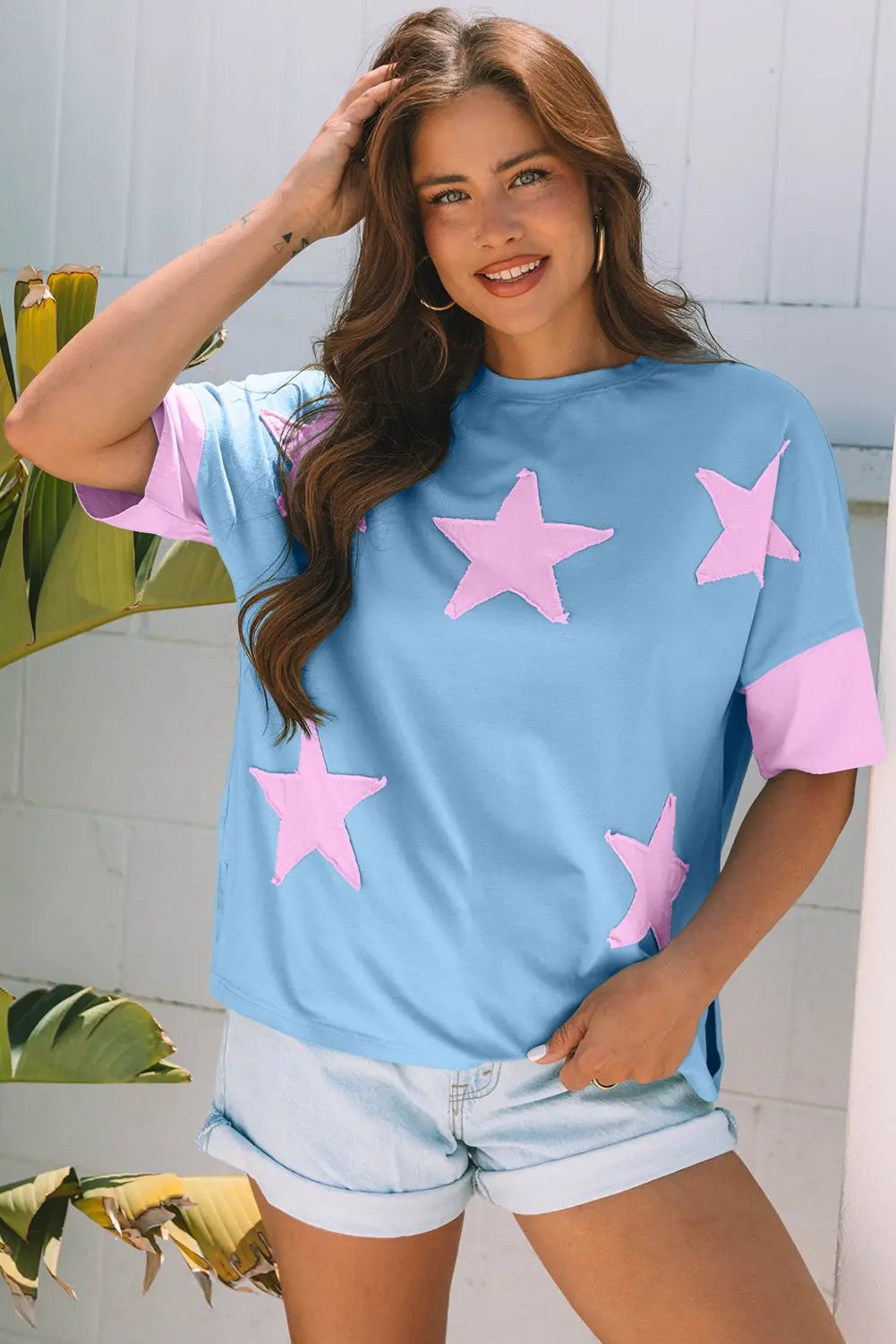 Myosotis Frayed Denim Star Patched Oversize T Shirt - Love Salve